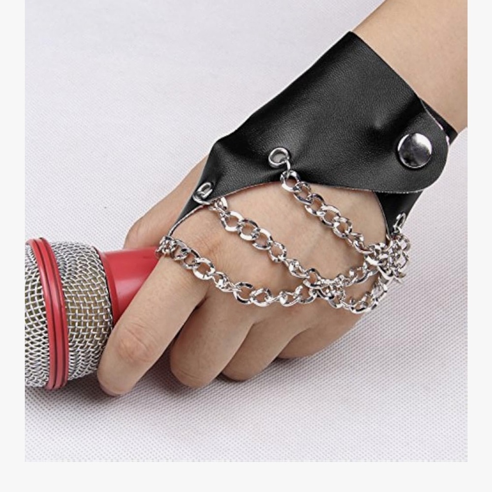 Black wrist Cuffs with Silver Chains - Picture 4 of 5